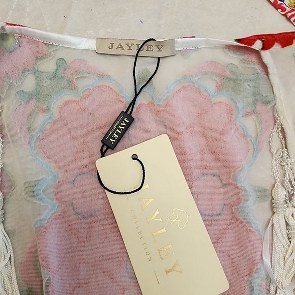 Jayley Silk Floral Kimono Cream White devore Jacket Coverup with Tassels Onesize - Picture 14 of 16